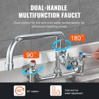 Commercial Faucet with Pre-Rinse Sprayer, 21" Height, 8" Center, 12" Swing Spout