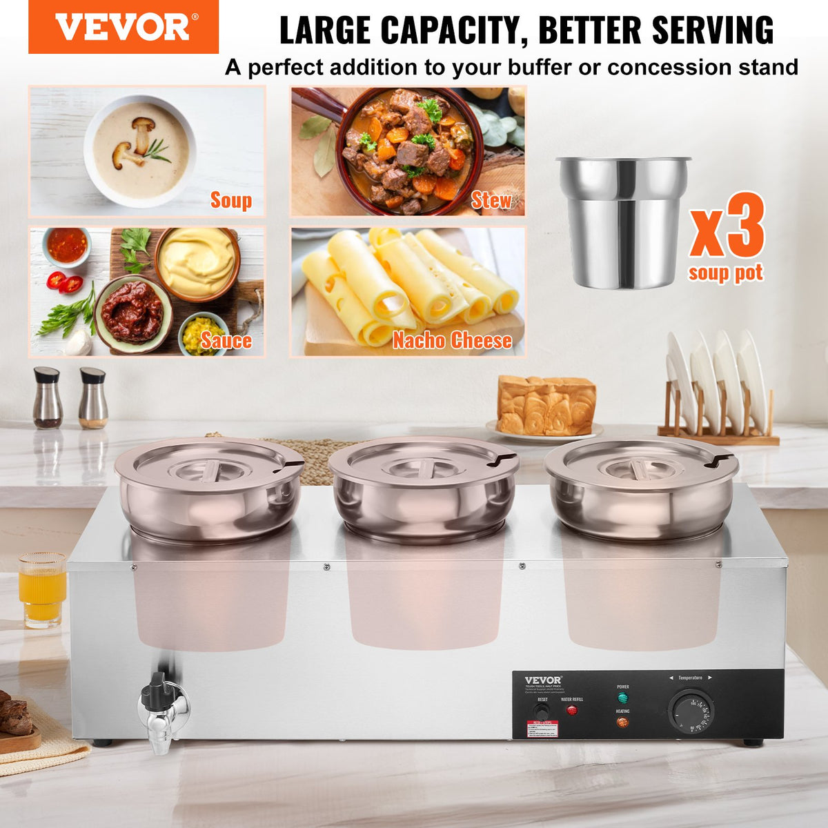 Electric Soup Warmer, Three 7.4QT Stainless Steel Round Pot, 1200W - Flavour Fushion Cooking Shop