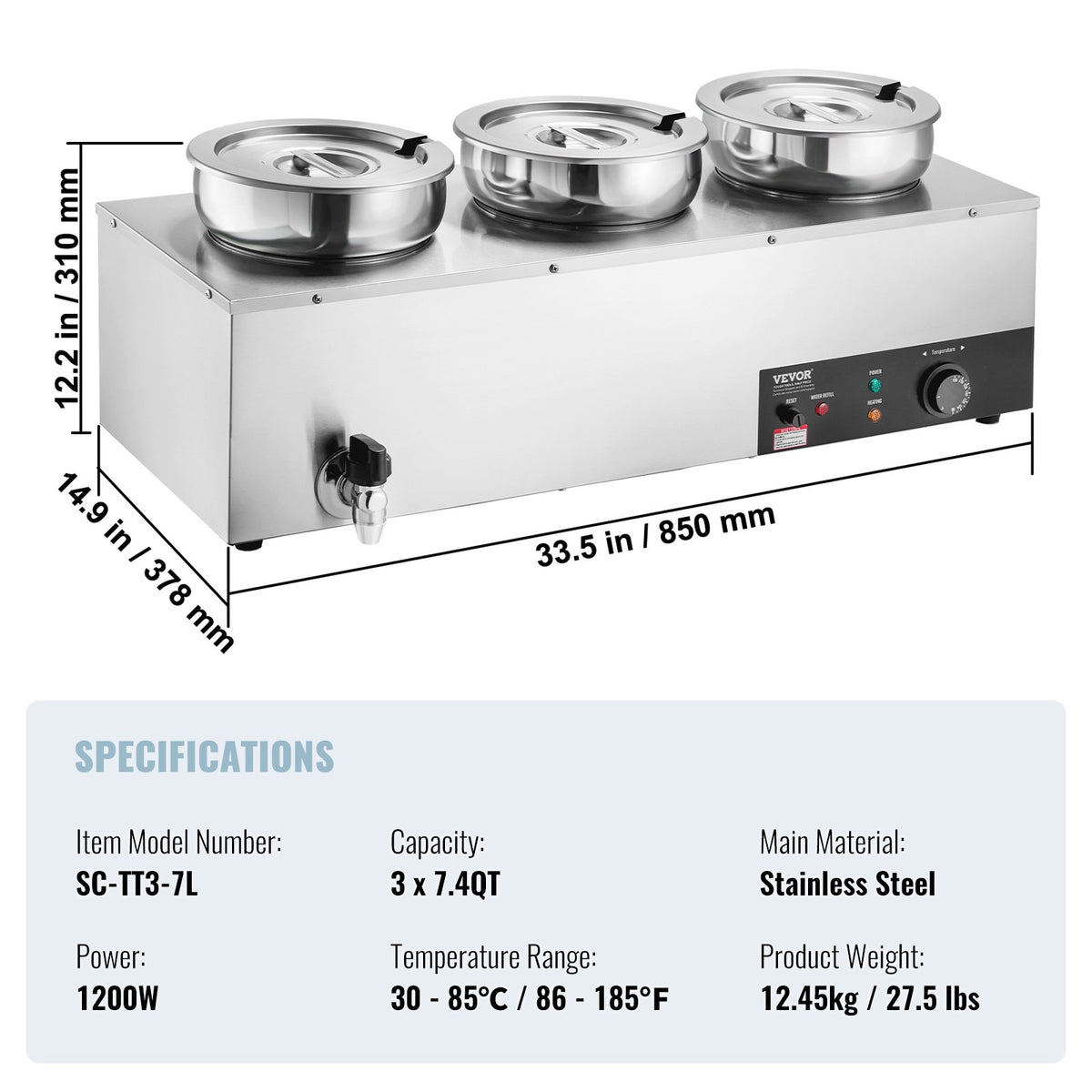 Electric Soup Warmer, Three 7.4QT Stainless Steel Round Pot, 1200W - Flavour Fushion Cooking Shop