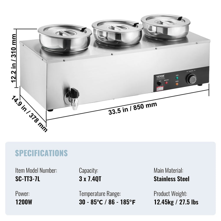 Electric Soup Warmer, Three 7.4QT Stainless Steel Round Pot, 1200W - Flavour Fushion Cooking Shop