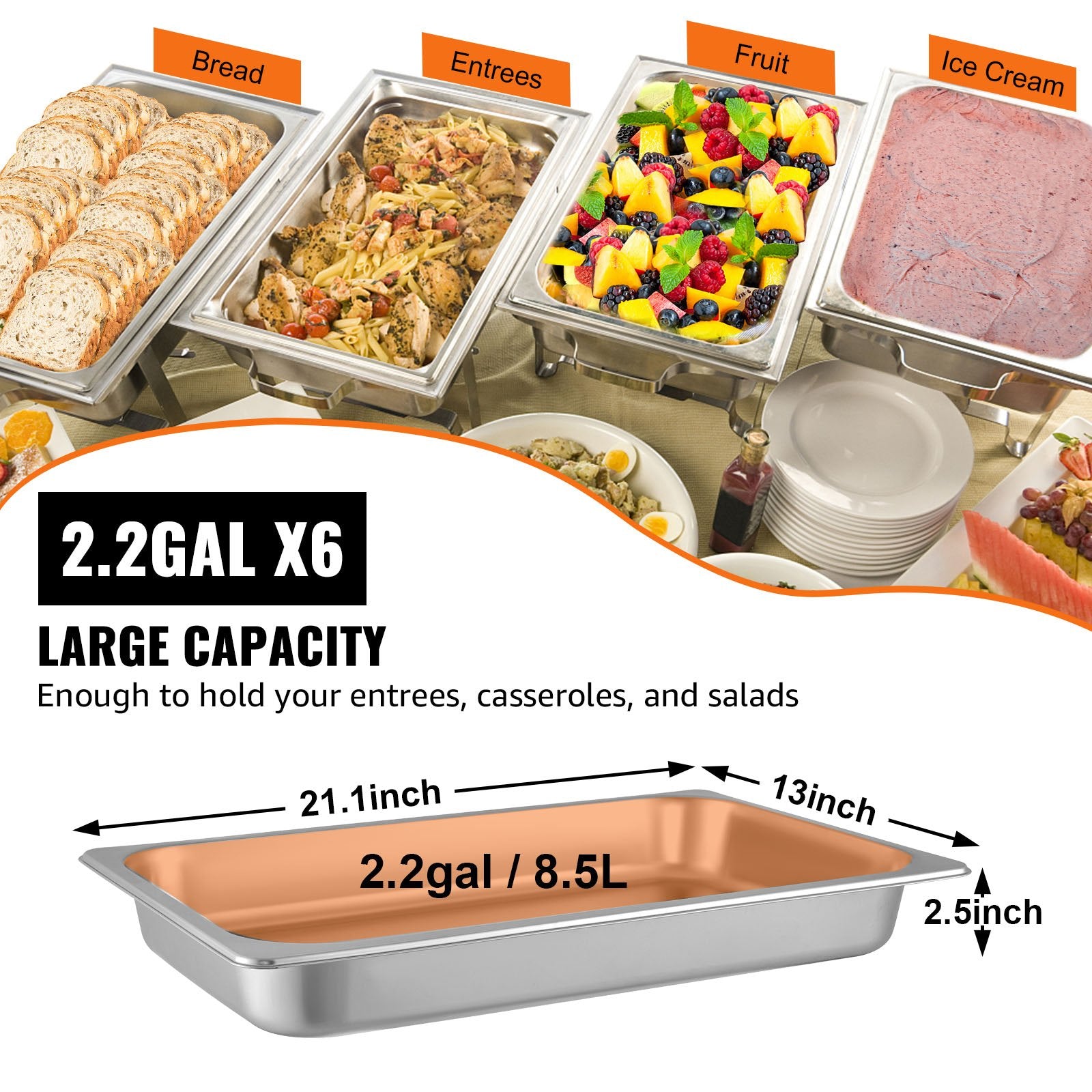 Hotel Pans Full Size 2.5 Inch Deep, Steam Table Pan 6 Pack , 22 Gauge/0.8mm Thick Stainless Steel Hotel Pan Anti Jam Steam Table Pan