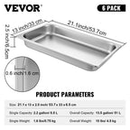 Hotel Pans Full Size 2.5 Inch Deep, Steam Table Pan 6 Pack , 22 Gauge/0.8mm Thick