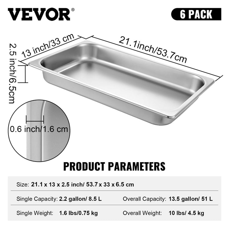 Hotel Pans Full Size 2.5 Inch Deep, Steam Table Pan 6 Pack , 22 Gauge/0.8mm Thick - Flavour Fushion Cooking Shop