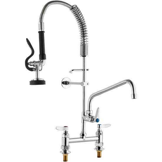 Commercial Faucet with Pre-Rinse Sprayer, 26" Height, 8" Center, 12" Swing Spout - Flavour Fushion Cooking Shop