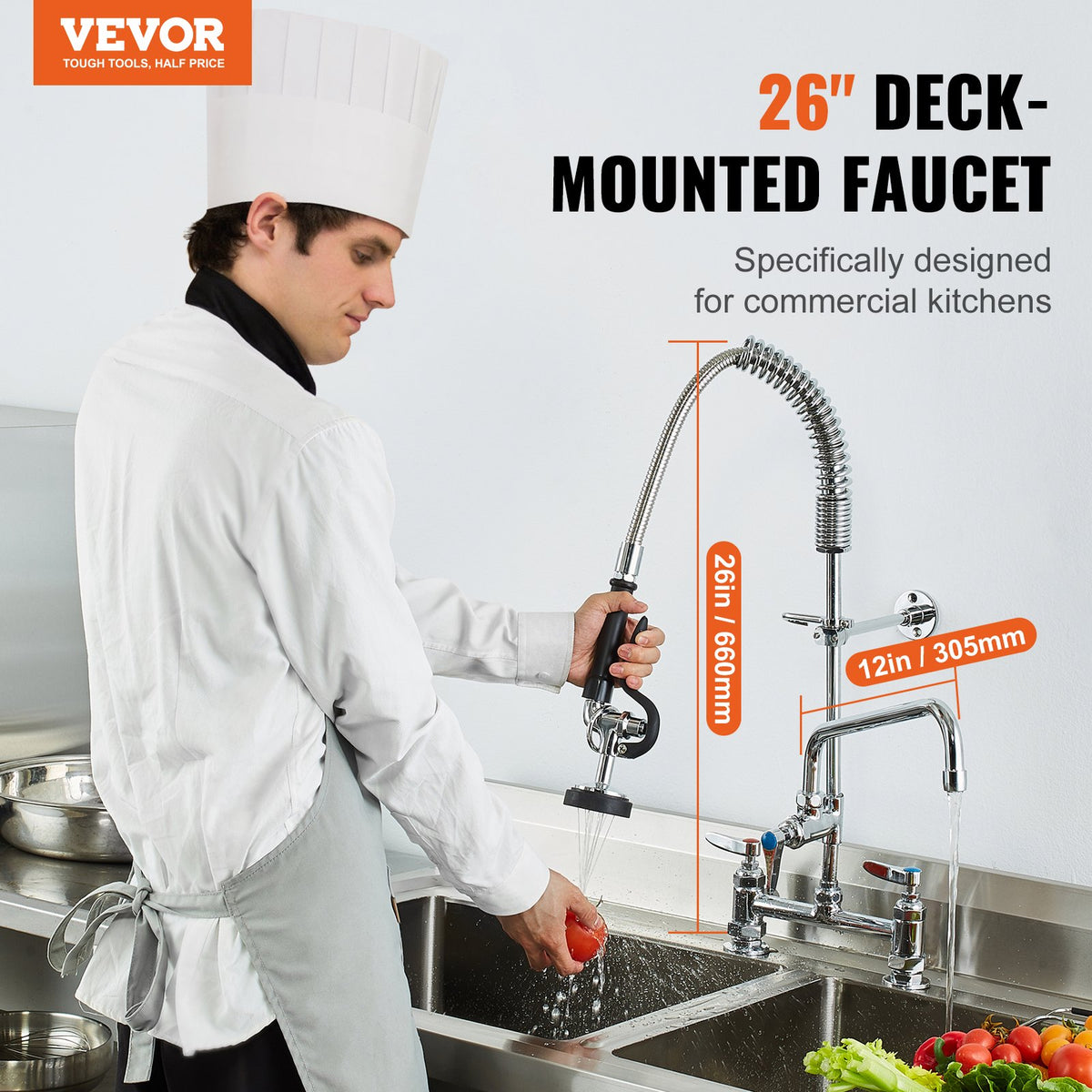 Commercial Faucet with Pre-Rinse Sprayer, 26" Height, 8" Center, 12" Swing Spout - Flavour Fushion Cooking Shop