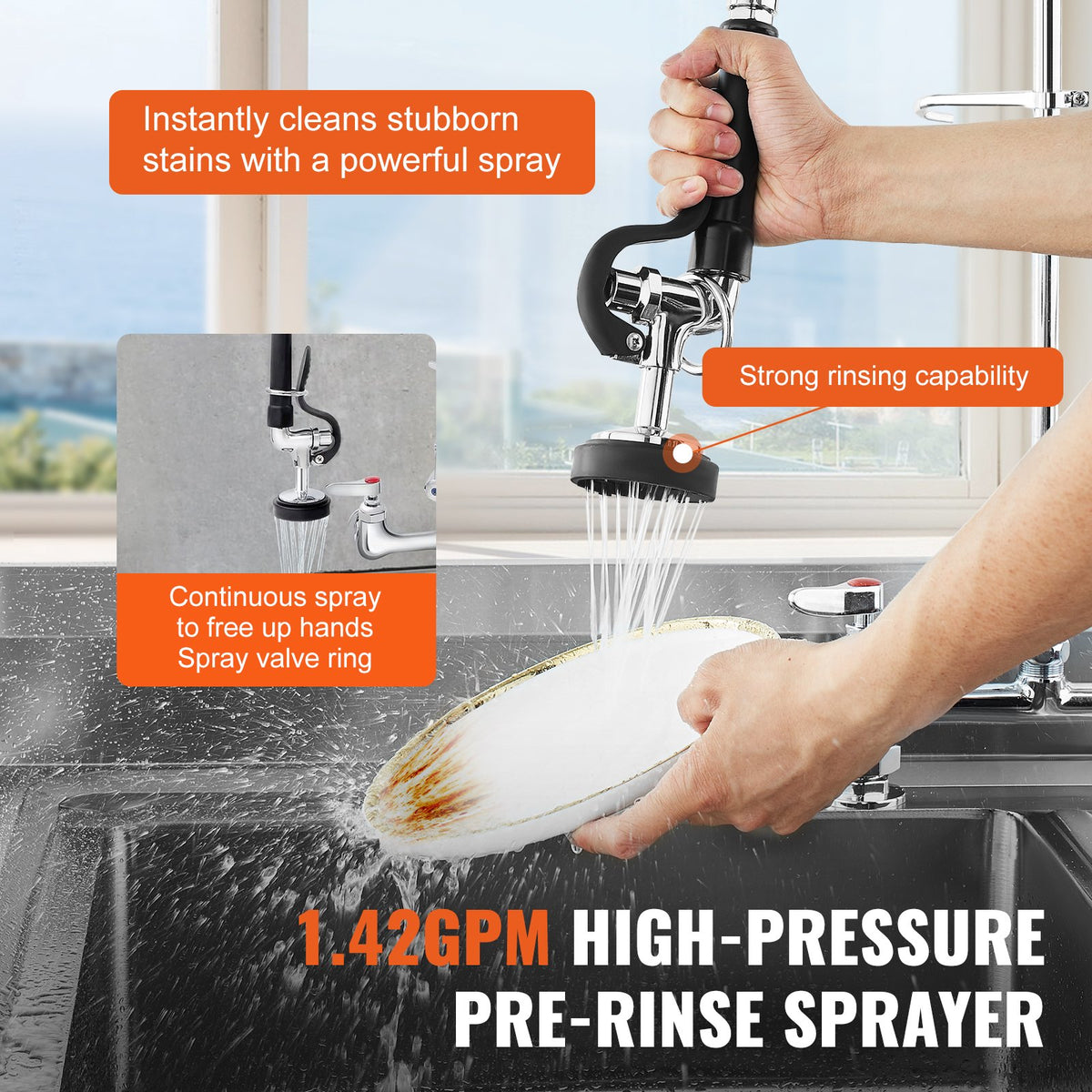 Commercial Faucet with Pre-Rinse Sprayer, 26" Height, 8" Center, 12" Swing Spout - Flavour Fushion Cooking Shop
