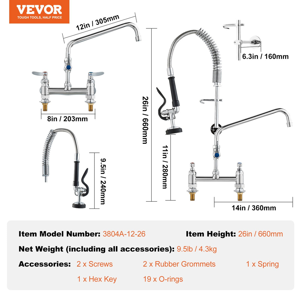 Commercial Faucet with Pre-Rinse Sprayer, 26" Height, 8" Center, 12" Swing Spout - Flavour Fushion Cooking Shop