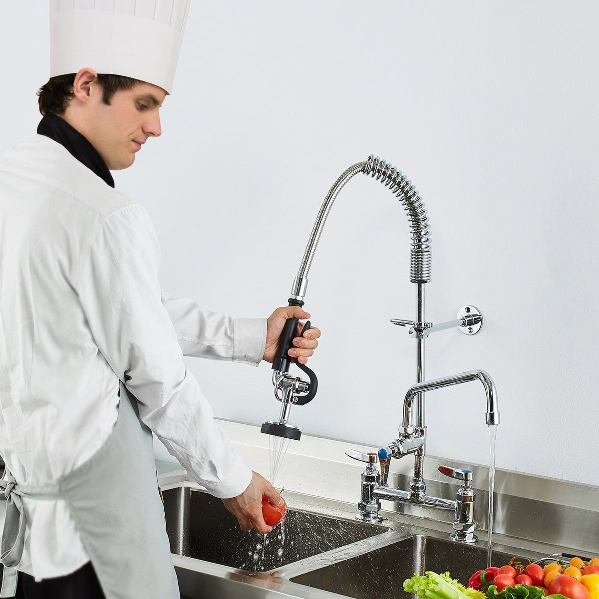Commercial Faucet with Pre-Rinse Sprayer, 26" Height, 8" Center, 12" Swing Spout - Flavour Fushion Cooking Shop