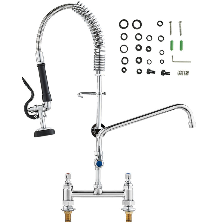 Commercial Faucet with Pre-Rinse Sprayer, 26" Height, 8" Center, 12" Swing Spout - Flavour Fushion Cooking Shop