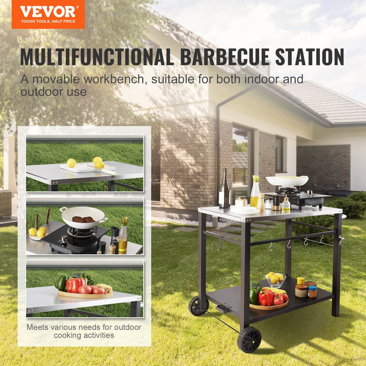 Outdoor Grill Dining Cart with Double-Shelf, 85*55cm BBQ Movable Food - Flavour Fushion Cooking Shop