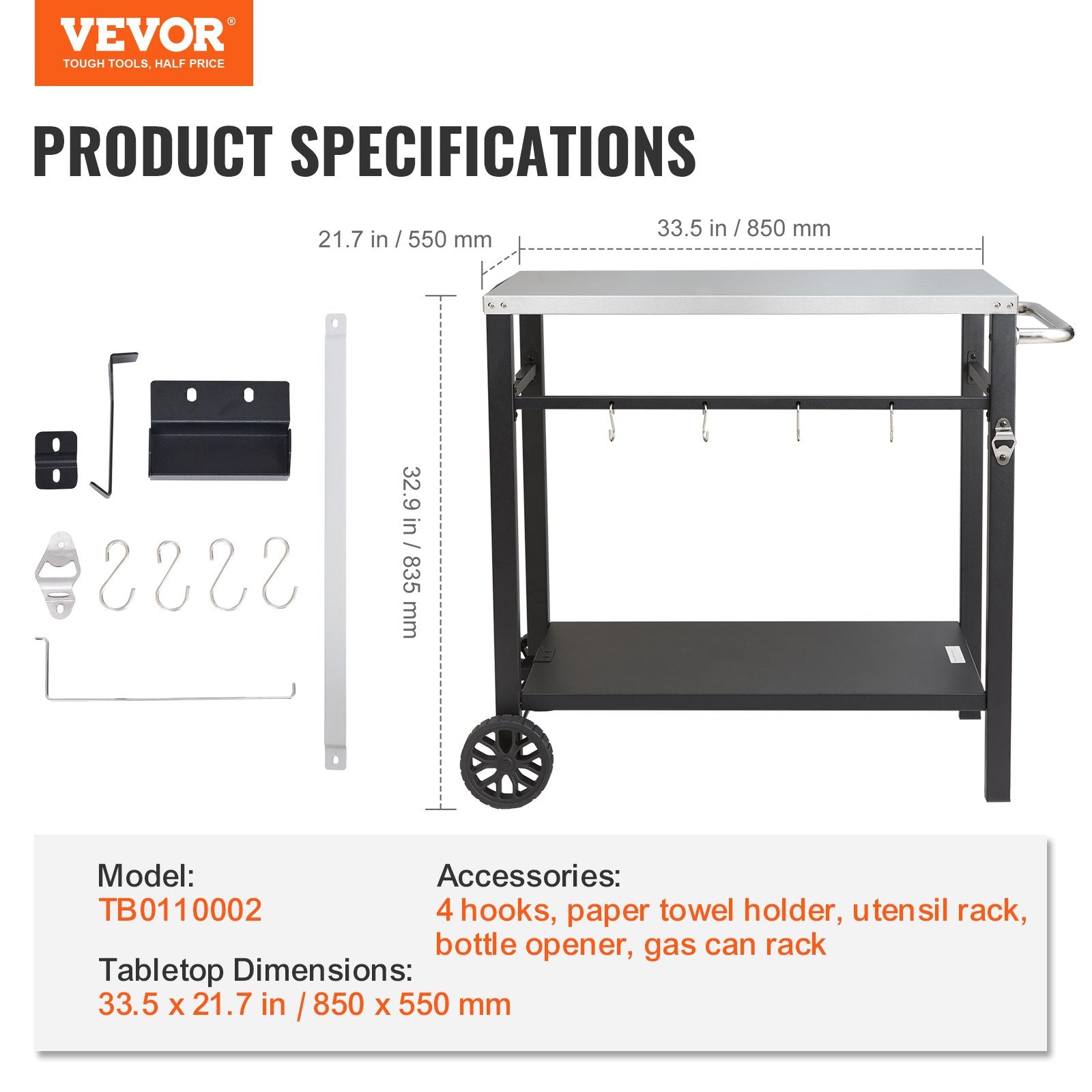Outdoor Grill Dining Cart with Double-Shelf, 85*55cm BBQ Movable Food Prep Table, Multifunctional Stainless Steel Table Top, Portable Modular Carts for Pizza Oven, Worktable with 2 Wheels, Carry Handle