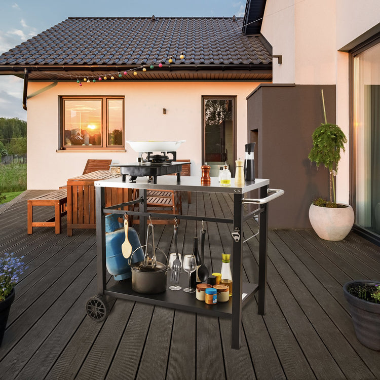 Outdoor Grill Dining Cart with Double-Shelf, 85*55cm BBQ Movable Food - Flavour Fushion Cooking Shop