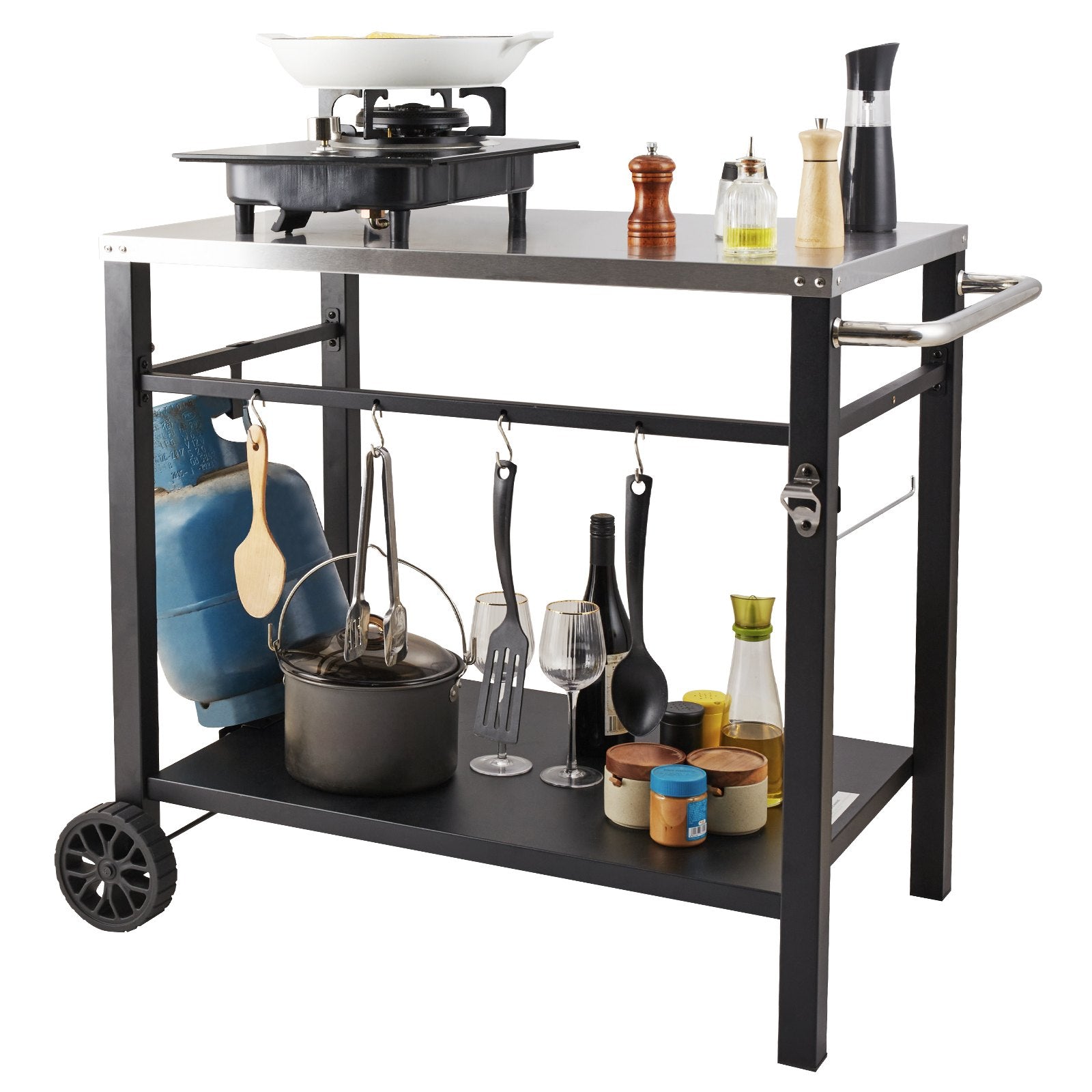 Outdoor Grill Dining Cart with Double-Shelf, 85*55cm BBQ Movable Food Prep Table, Multifunctional Stainless Steel Table Top, Portable Modular Carts for Pizza Oven, Worktable with 2 Wheels, Carry Handle