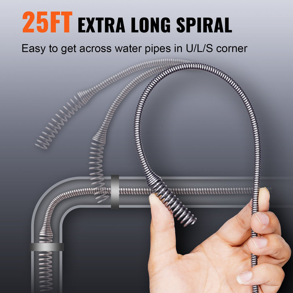 Drain Auger 25ft 1/4in Drum Plumbing Drain Snake Clog Remover Manual-feed