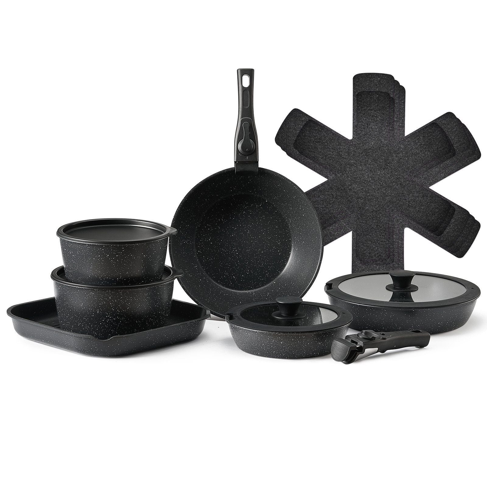 17 Piece Pots and Pans Set, Granite Nonstick Detachable Handle Cookware, Space Saving Induction Cookwares, Kitchen RV Cooking Sets with Frying, Sauce, Saute, Tempered Glass Lid, Oven Safe, Black