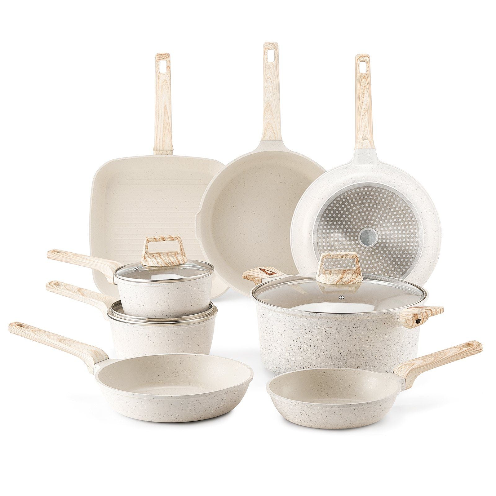 19 Piece Pots and Pans Set Nonstick, Granite Cookware Set, Induction Cookwares, Kitchen RV Cooking Sets with Frying, Sauce, Saute, Tempered Glass Lids, and Pan Protectors, White