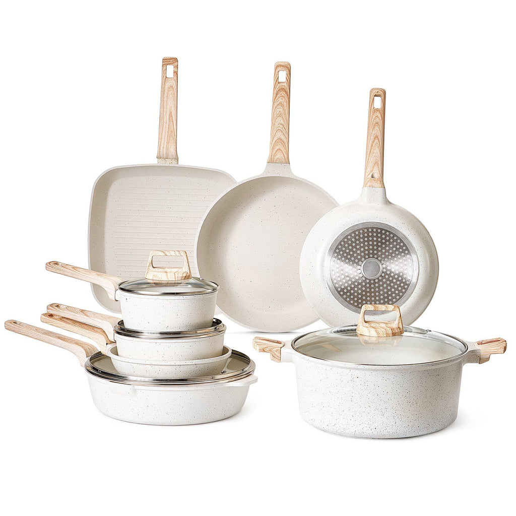 19 Piece Pots and Pans Set Nonstick, Granite Cookware Set, Induction Cookwares, Kitchen RV Cooking Sets with Frying, Sauce, Saute, Tempered Glass Lids, and Pan Protectors, White