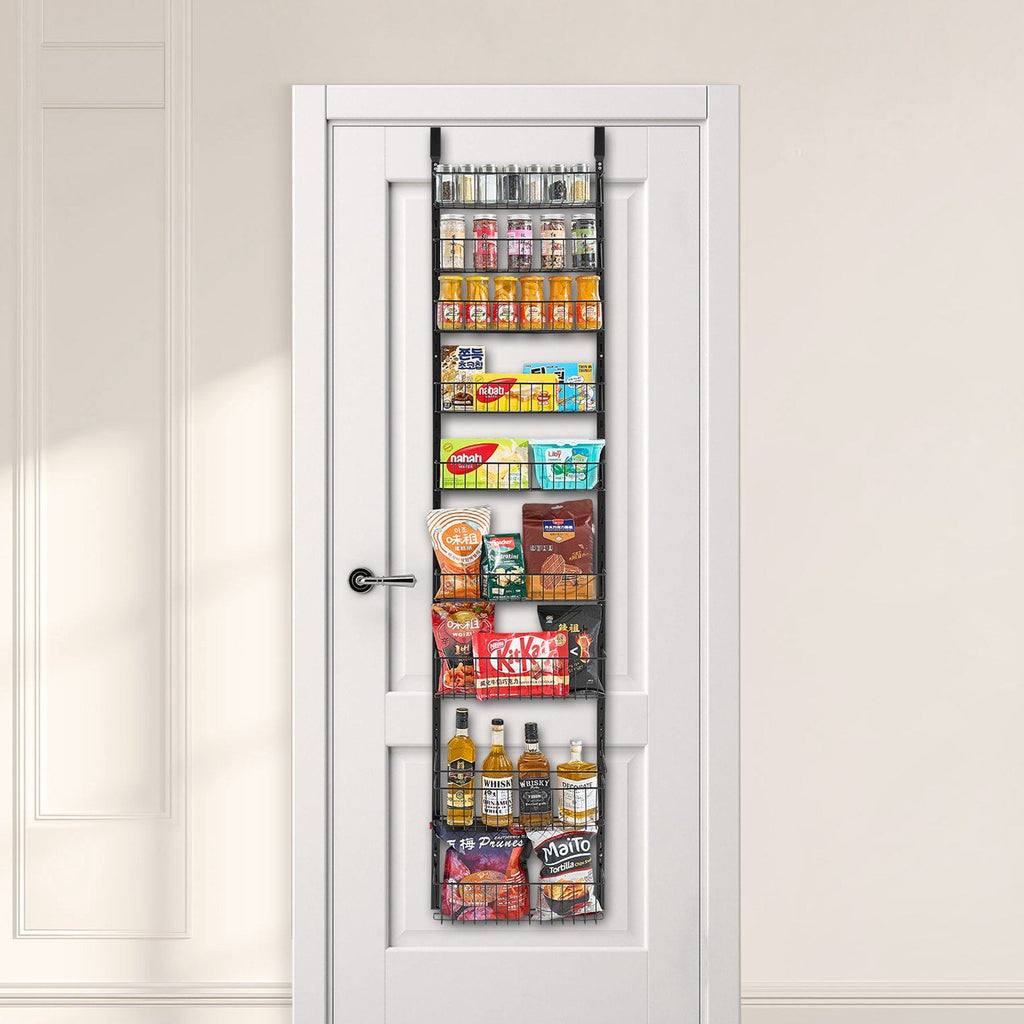 Over the Door Pantry Organizer, 9-Tier Pantry Organization and Storage, Heavy-Duty Steel Hanging Spice Rack, Adjustable Wall Seasoning Shelves, for Home Kitchen Laundry Room Bathroom, Black