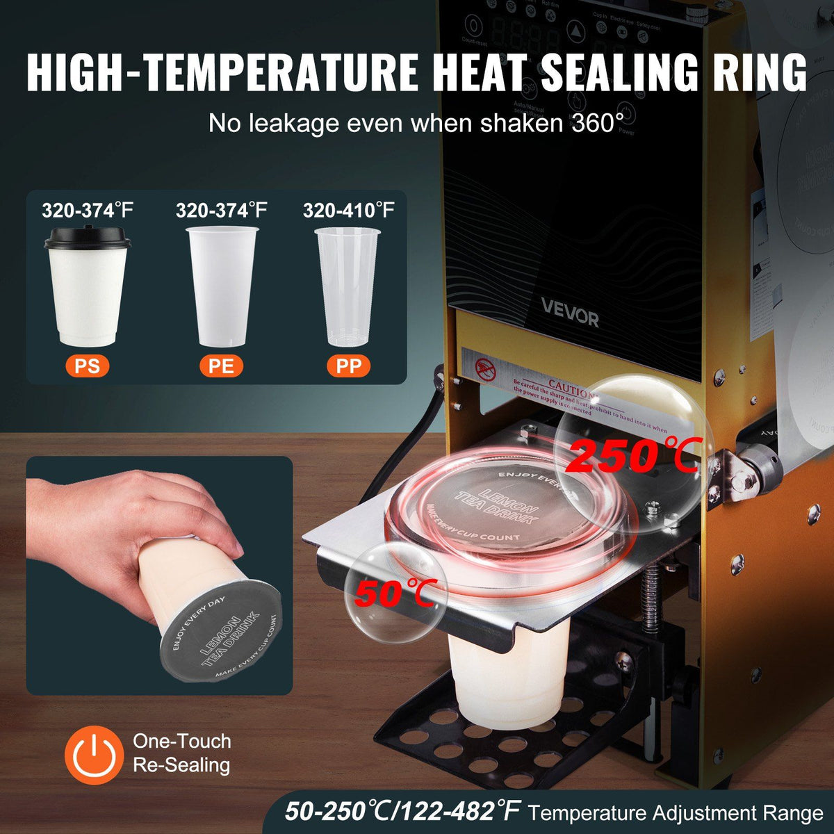 Fully Automatic Cup Sealing Machine, 500-650 Cups/H, Cup Sealer Machine for 180 mm Tall & 90/95 mm Cup, Electric Boba Tea Sealer with Digital Control LCD Panel for Bubble Milk Tea Coffee, Gold - Flavour Fushion Cooking Shop
