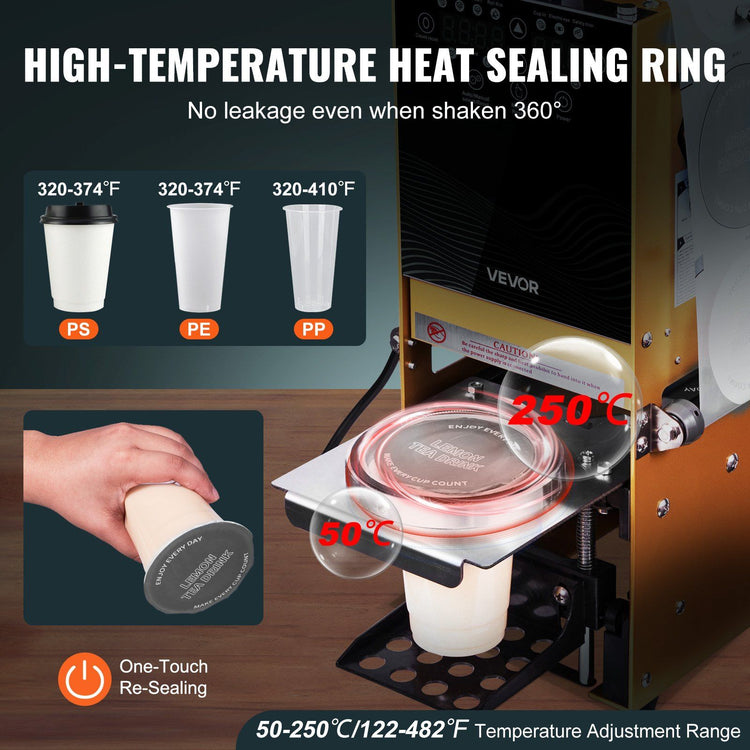 Fully Automatic Cup Sealing Machine, 500-650 Cups/H, Cup Sealer Machine for 180 mm Tall & 90/95 mm Cup, Electric Boba Tea Sealer with Digital Control LCD Panel for Bubble Milk Tea Coffee, Gold - Flavour Fushion Cooking Shop