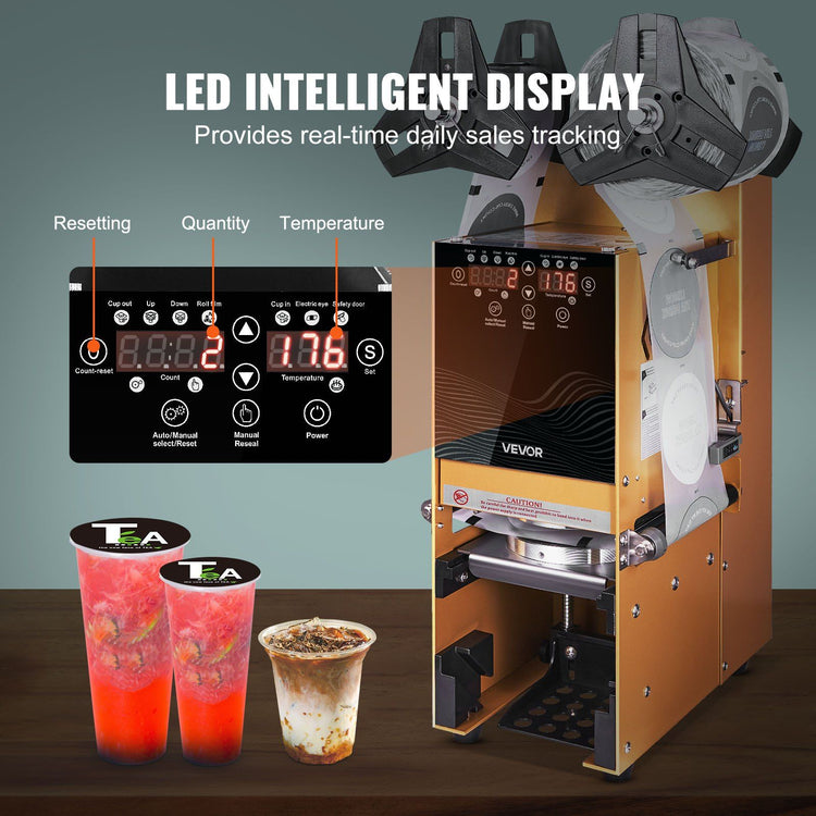 Fully Automatic Cup Sealing Machine, 500-650 Cups/H, Cup Sealer Machine for 180 mm Tall & 90/95 mm Cup, Electric Boba Tea Sealer with Digital Control LCD Panel for Bubble Milk Tea Coffee, Gold - Flavour Fushion Cooking Shop