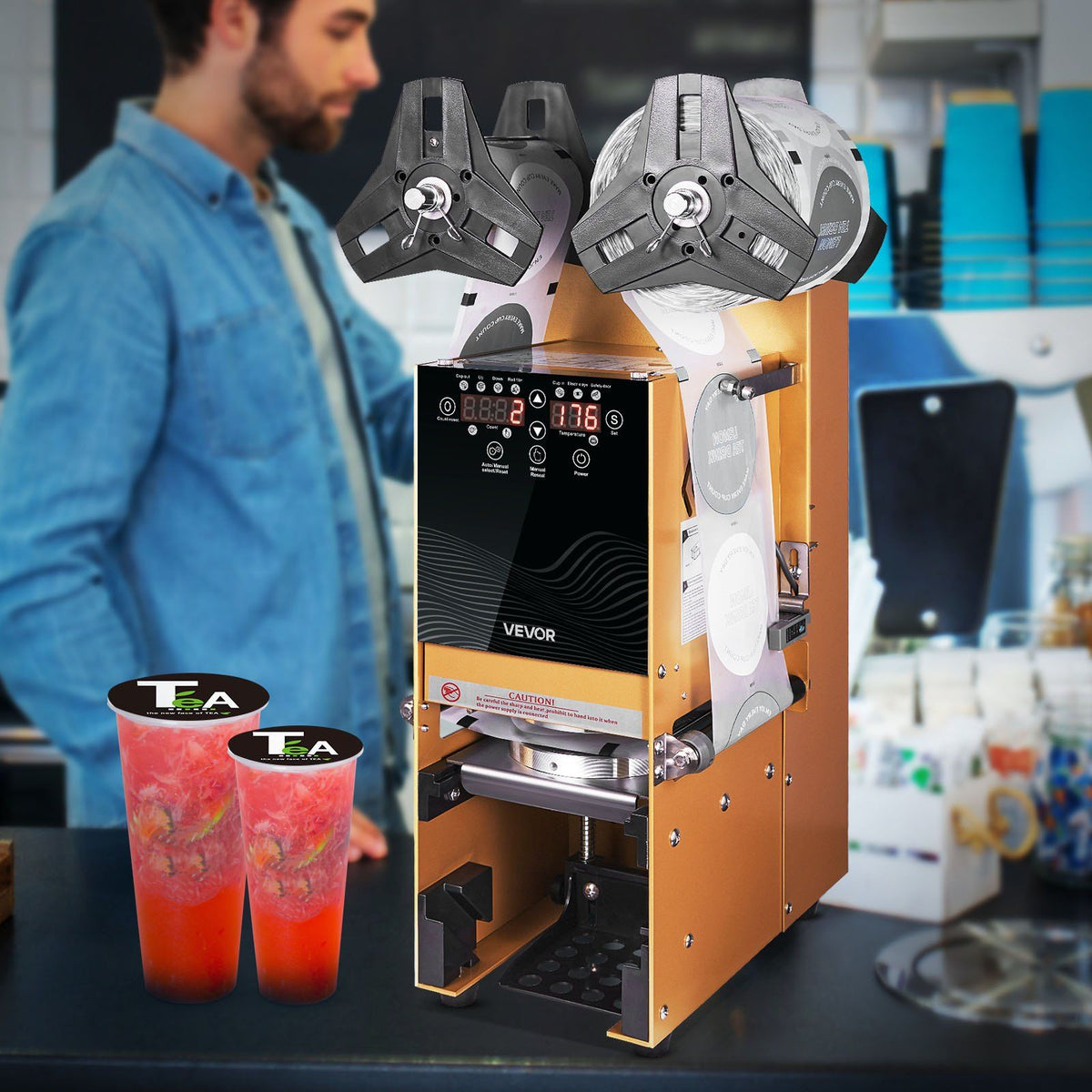 Fully Automatic Cup Sealing Machine, 500-650 Cups/H, Cup Sealer Machine for 180 mm Tall & 90/95 mm Cup, Electric Boba Tea Sealer with Digital Control LCD Panel for Bubble Milk Tea Coffee, Gold - Flavour Fushion Cooking Shop