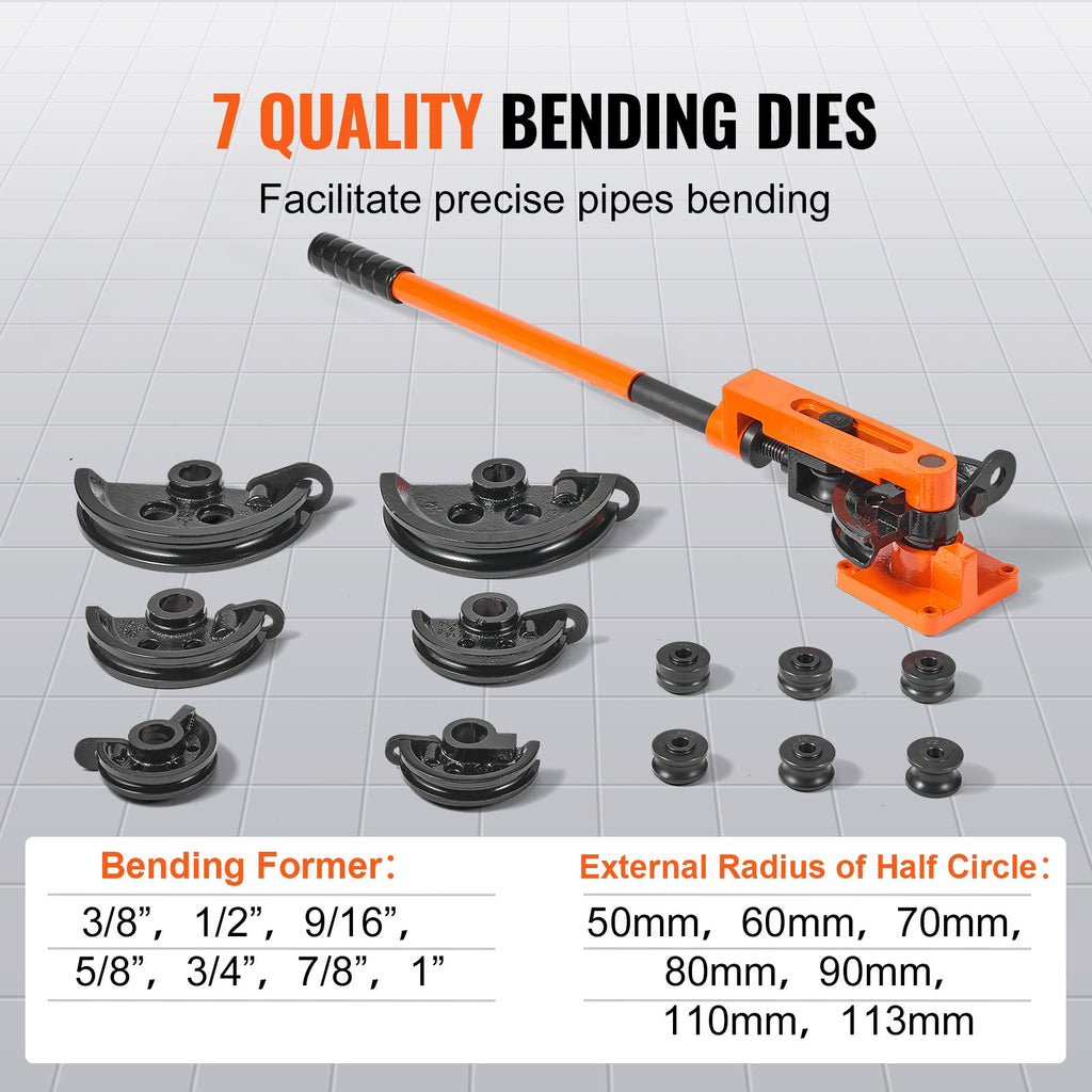 Pipe Tube Bender, 3/8" to 1" OD Manual Pipe Tube Bender with 7 Bending Dies, 180° Copper Aluminum Pipes Bending Tools for HVAC Air Conditioning Refrigerator Auto Repair
