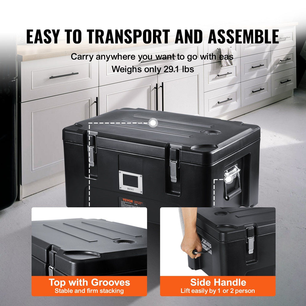 Insulated Food Pan Carrier, 36Qt Capacity, Stackable Catering Hot Box with 3 Stainless Steel Pans, Top Load LLDPE Food Warmer with Elastic Side Handles and Buckles, for Restaurant Canteen, Black