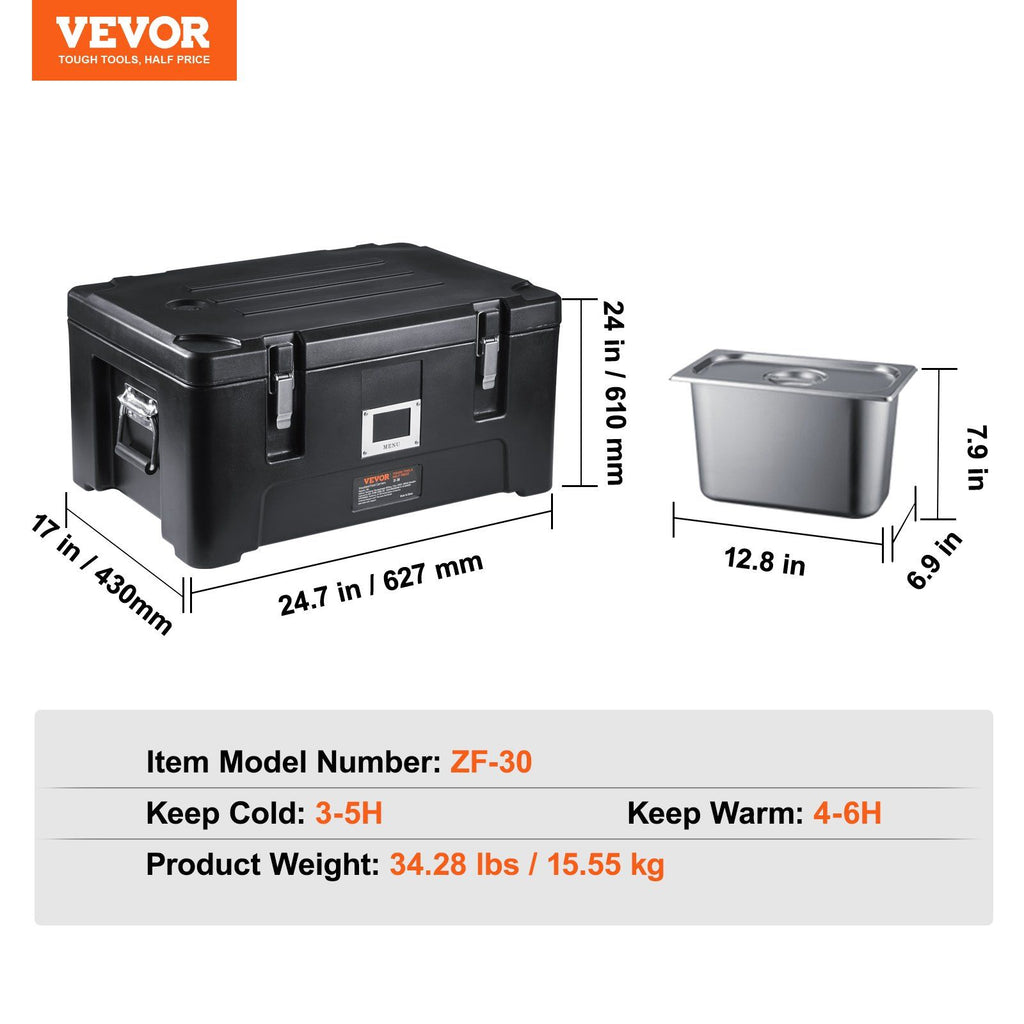 Insulated Food Pan Carrier, 36Qt Capacity, Stackable Catering Hot Box with 3 Stainless Steel Pans, Top Load LLDPE Food Warmer with Elastic Side Handles and Buckles, for Restaurant Canteen, Black
