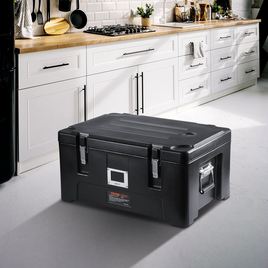 Insulated Food Pan Carrier, 36Qt Capacity, Stackable Catering Hot Box with 3 Stainless Steel Pans, Top Load LLDPE Food Warmer with Elastic Side Handles and Buckles, for Restaurant Canteen, Black