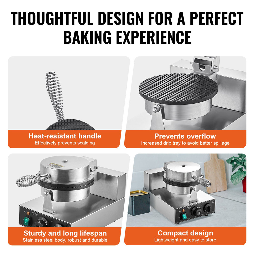 Electric Ice Cream Cone Maker, Commercial 1230W Waffle Cone Machine, Non-Stick Stainless Steel Egg Roll Mold, with Temperature and Time Control, Handle, for Restaurant Bakery Snack Bar Family