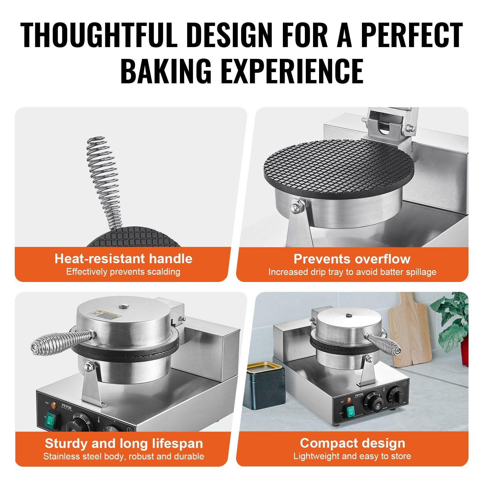 Electric Ice Cream Cone Maker, Commercial 1230W Waffle Cone Machine, Non-Stick Stainless Steel Egg Roll Mold, with Temperature and Time Control, Handle, for Restaurant Bakery Snack Bar Family