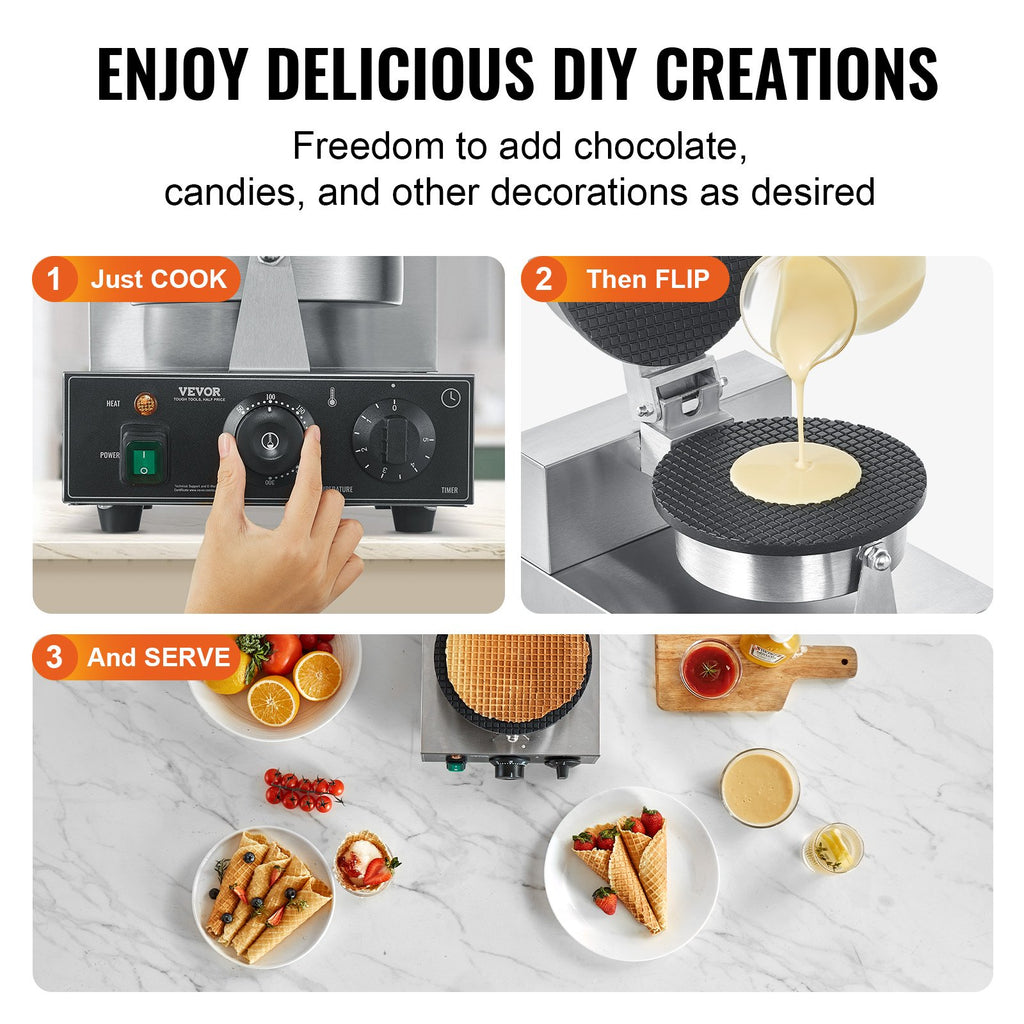 Electric Ice Cream Cone Maker, Commercial 1230W Waffle Cone Machine, Non-Stick Stainless Steel Egg Roll Mold, with Temperature and Time Control, Handle, for Restaurant Bakery Snack Bar Family