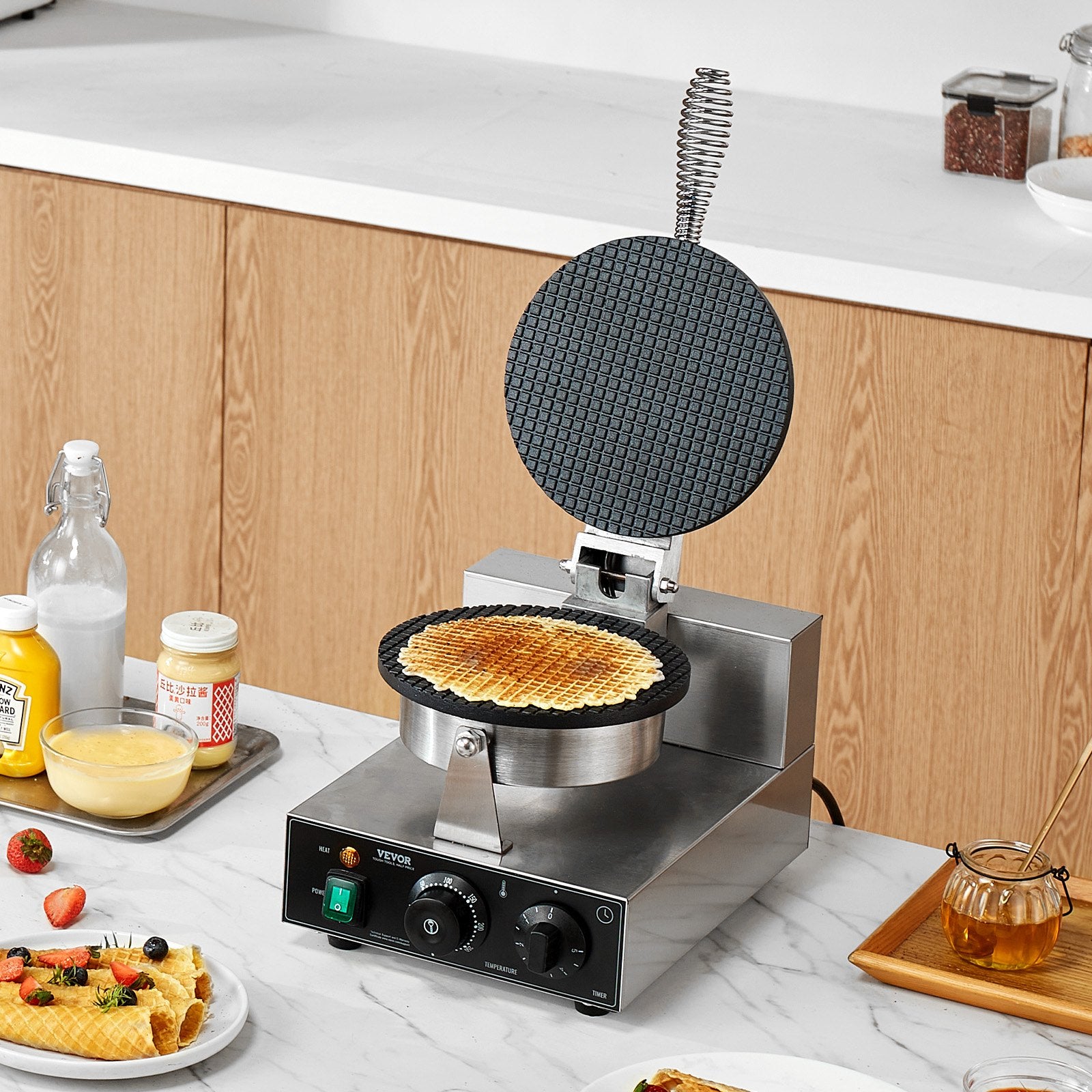 Electric Ice Cream Cone Maker, Commercial 1230W Waffle Cone Machine, Non-Stick Stainless Steel Egg Roll Mold, with Temperature and Time Control, Handle, for Restaurant Bakery Snack Bar Family