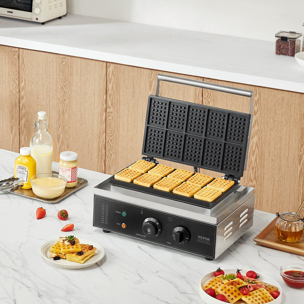 Commercial Waffle Maker, 10PCS Rectangle Waffle Baker Machine, 1550W Non-Stick Stainless Steel Belgian Waffle Iron with Temp and Time Control, Handle, for Restaurant Bakery Snack Bar Family