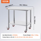 Stainless Steel Work Table 36x24 Inch with 4 Wheels Commercial Food Prep