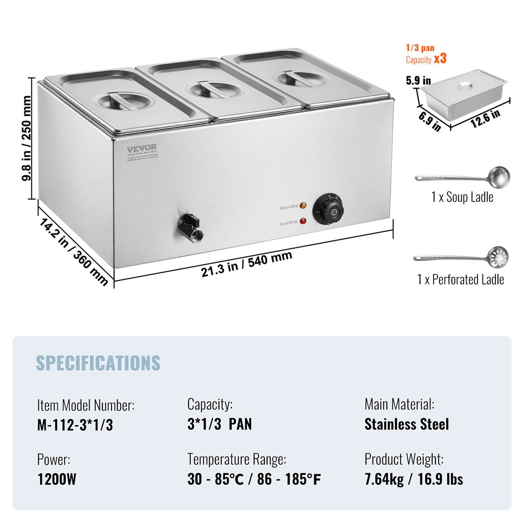 3-Pan Commercial Food Warmer, 16.5L Electric Steam Table, 1200W Professional Countertop Stainless Steel Buffet Bain Marie with 30 - 85℃ Temp Control for Catering and Restaurants, Silver