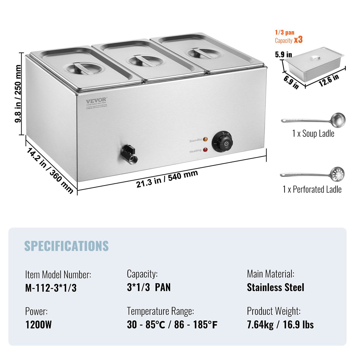 3-Pan Commercial Food Warmer, 16.5L Electric Steam Table, 1200W - Flavour Fushion Cooking Shop