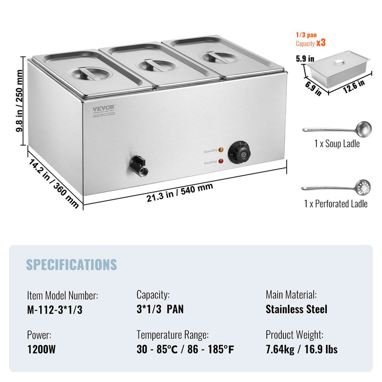 3-Pan Commercial Food Warmer, 16.5L Electric Steam Table, 1200W - Flavour Fushion Cooking Shop