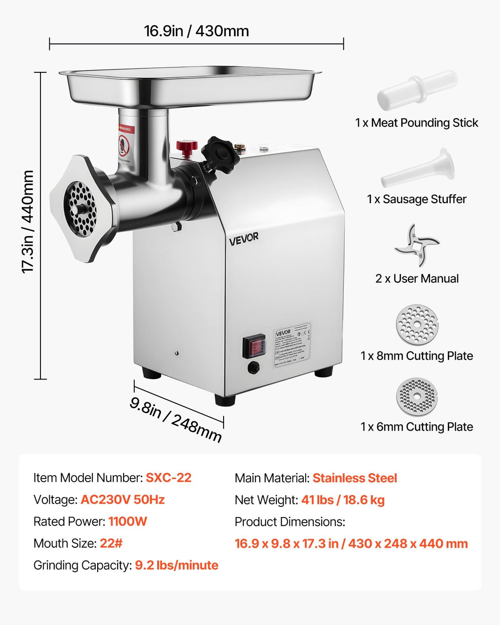 Commercial Electric Meat Grinder 9.2 Lbs/Min Sausage Stuffer Maker Kitchen