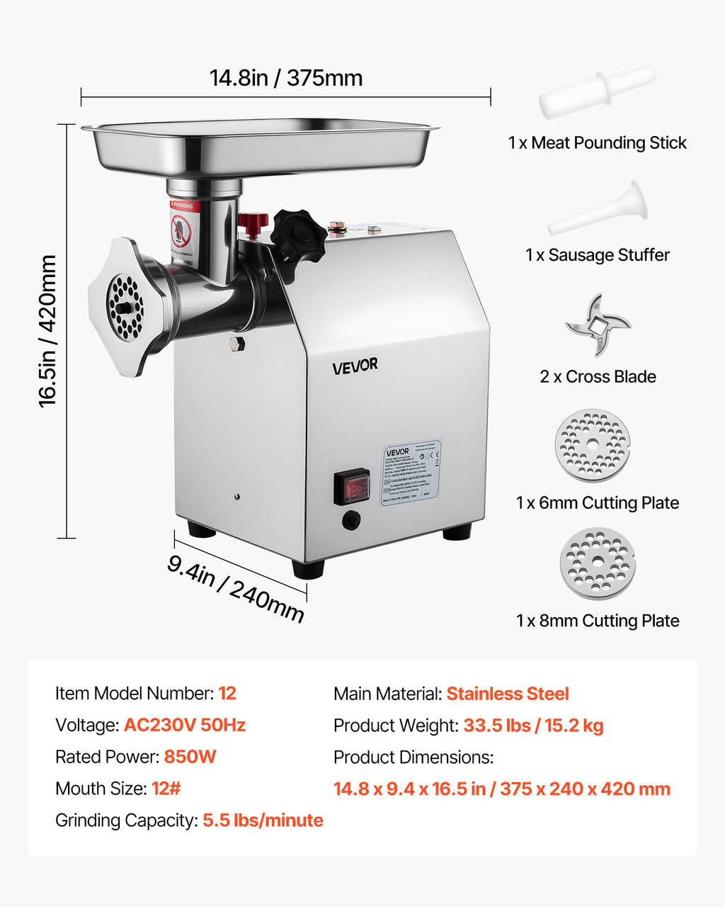 Commercial Electric Meat Grinder 5.5 Lbs/Min Sausage Stuffer Maker Kitchen