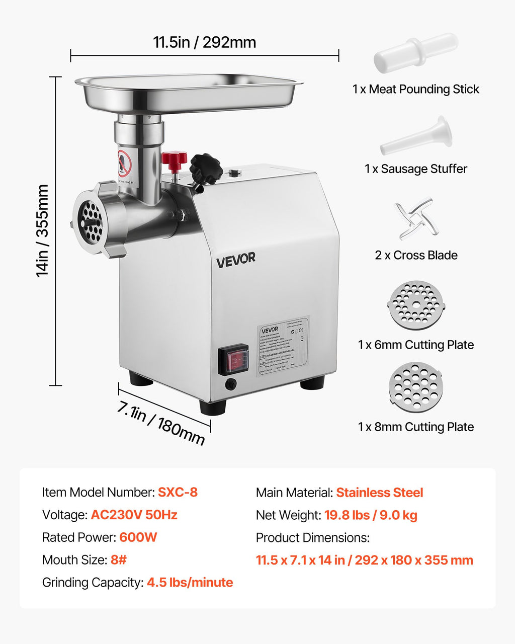 Commercial Electric Meat Grinder 4.5 Lbs/Min Sausage Stuffer Maker Kitchen