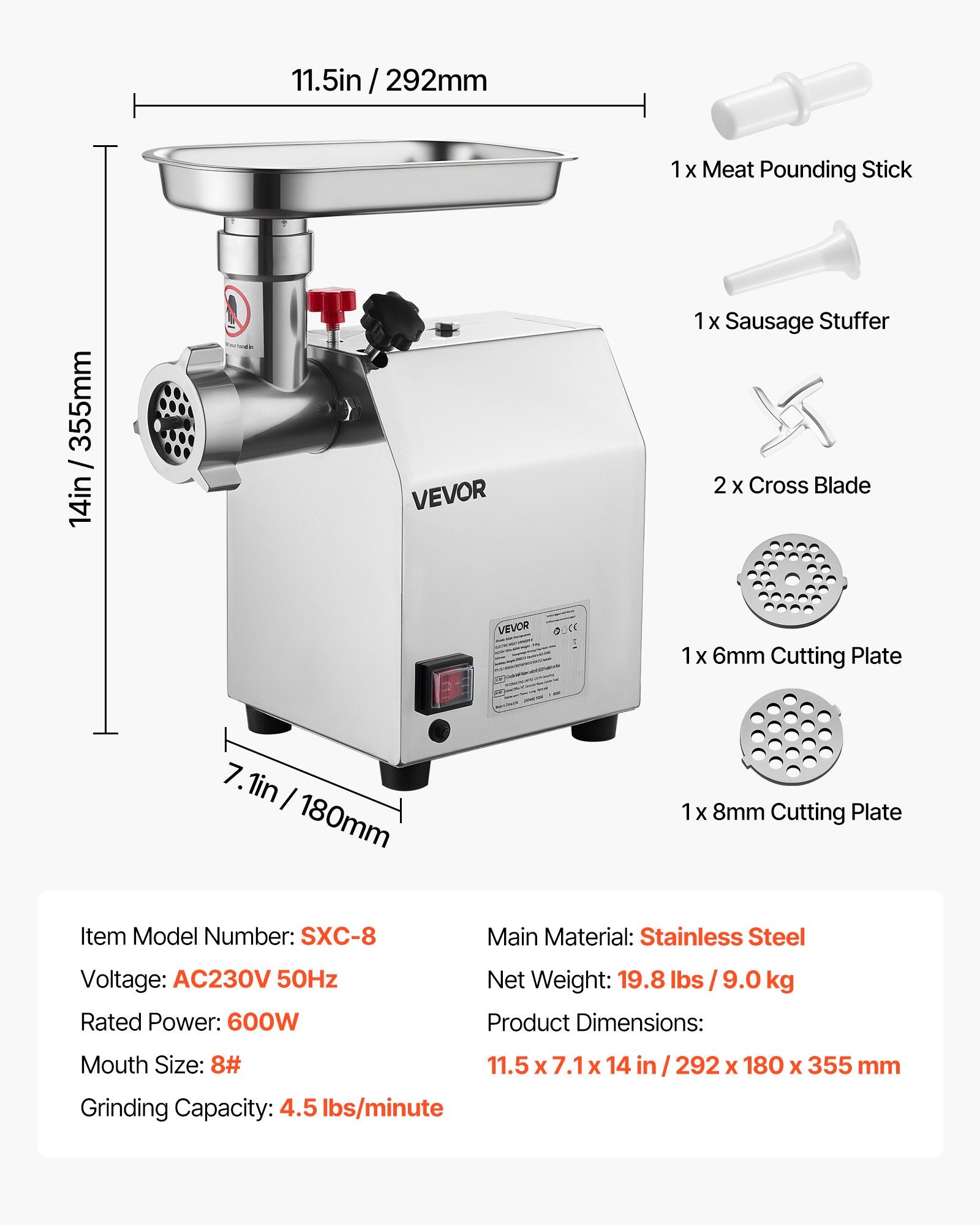 Commercial Electric Meat Grinder 4.5 Lbs/Min Sausage Stuffer Maker Kitchen