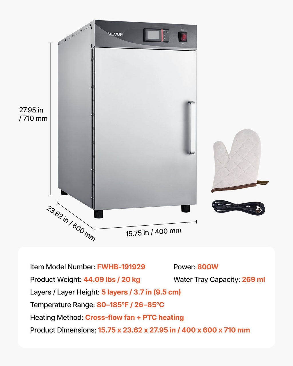Electric Hot Box Food Warmer, 5-Tier Commercial Warming Cabinet with Water Tray, Single-Door and Adjustable Shelves, Stainless Steel Food Warmer Cabinet, for Restaurant, Kitchen, Pizza, Chicken