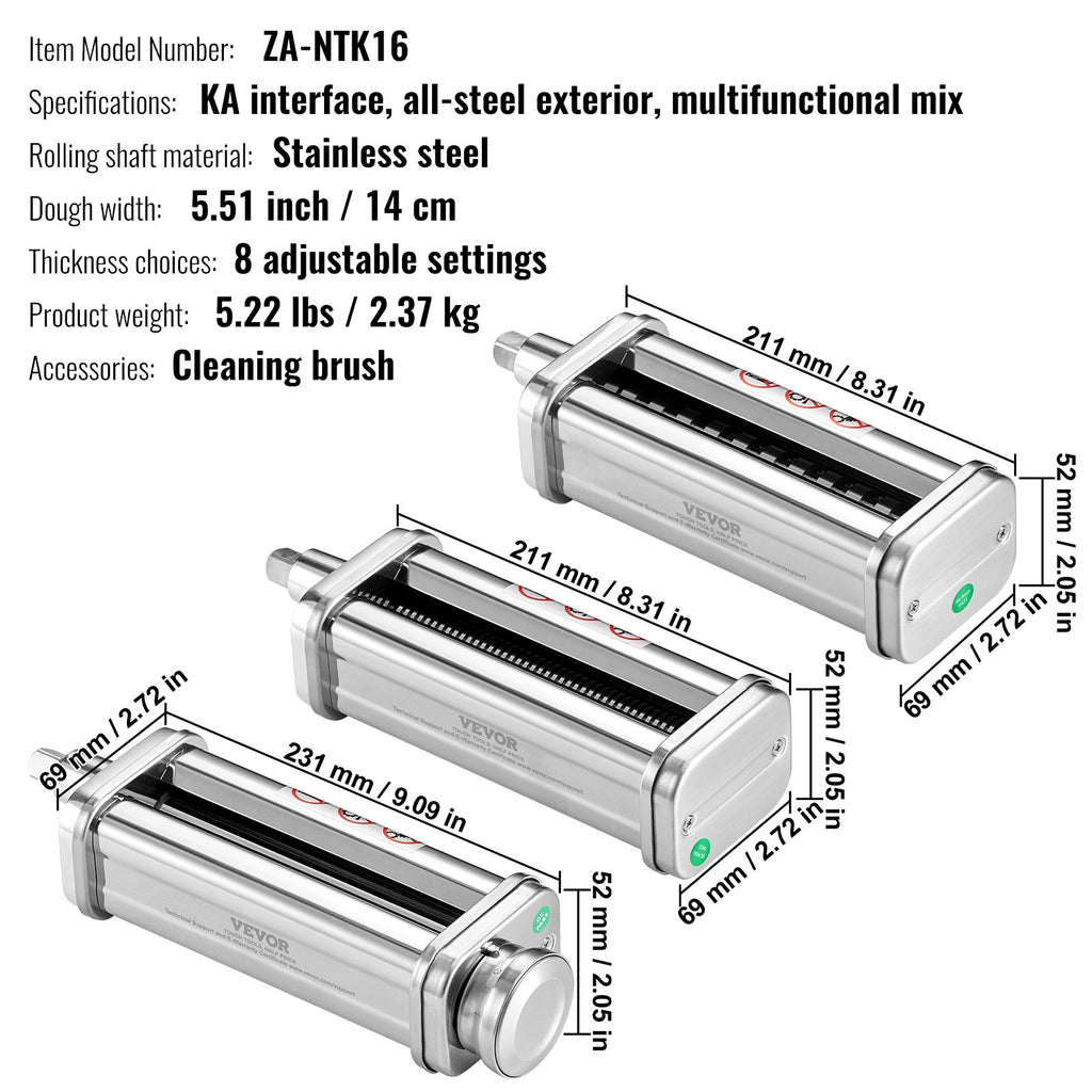 3Pcs Pasta Attachment for KitchenAid Stand Mixer Pasta Roller Cutter Set