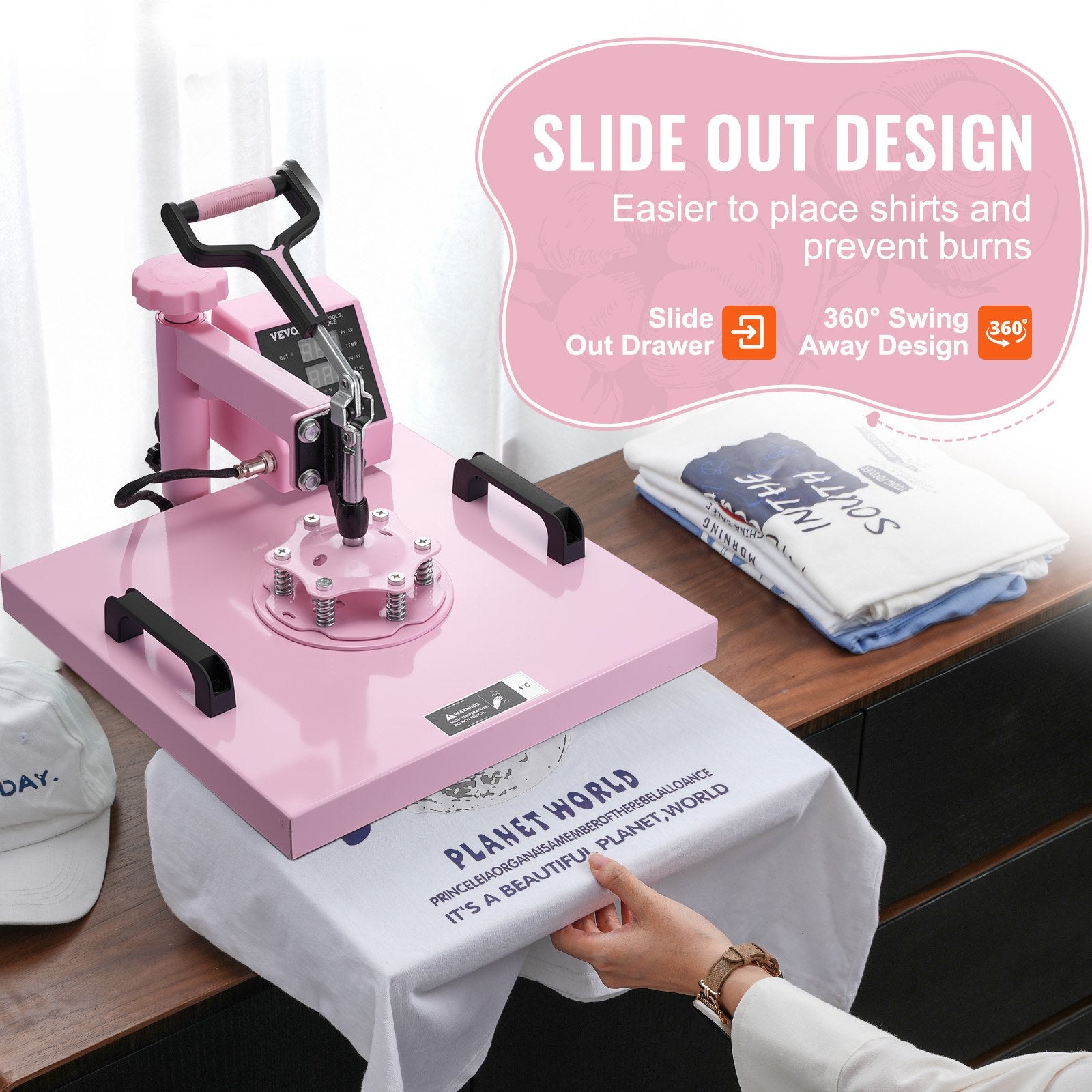 Heat Press Machine, 15 x 15 inch, 5 in 1 Heat Transfer Machine with 30 oz Tumbler Press, 360° Swing Away T-Shirt Pressing, Digital Precise Control, for T-Shirts/Mugs/Hats/Plates, Pink
