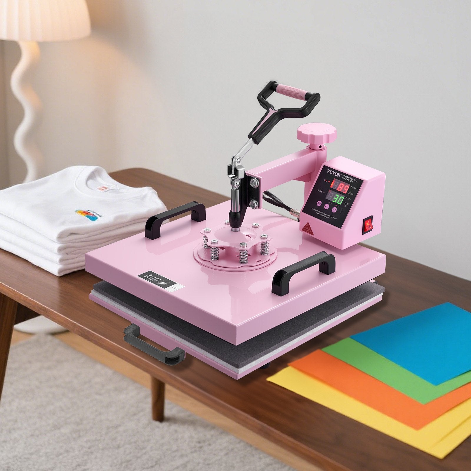 Heat Press Machine, 15 x 15 inch, 5 in 1 Heat Transfer Machine with 30 oz Tumbler Press, 360° Swing Away T-Shirt Pressing, Digital Precise Control, for T-Shirts/Mugs/Hats/Plates, Pink