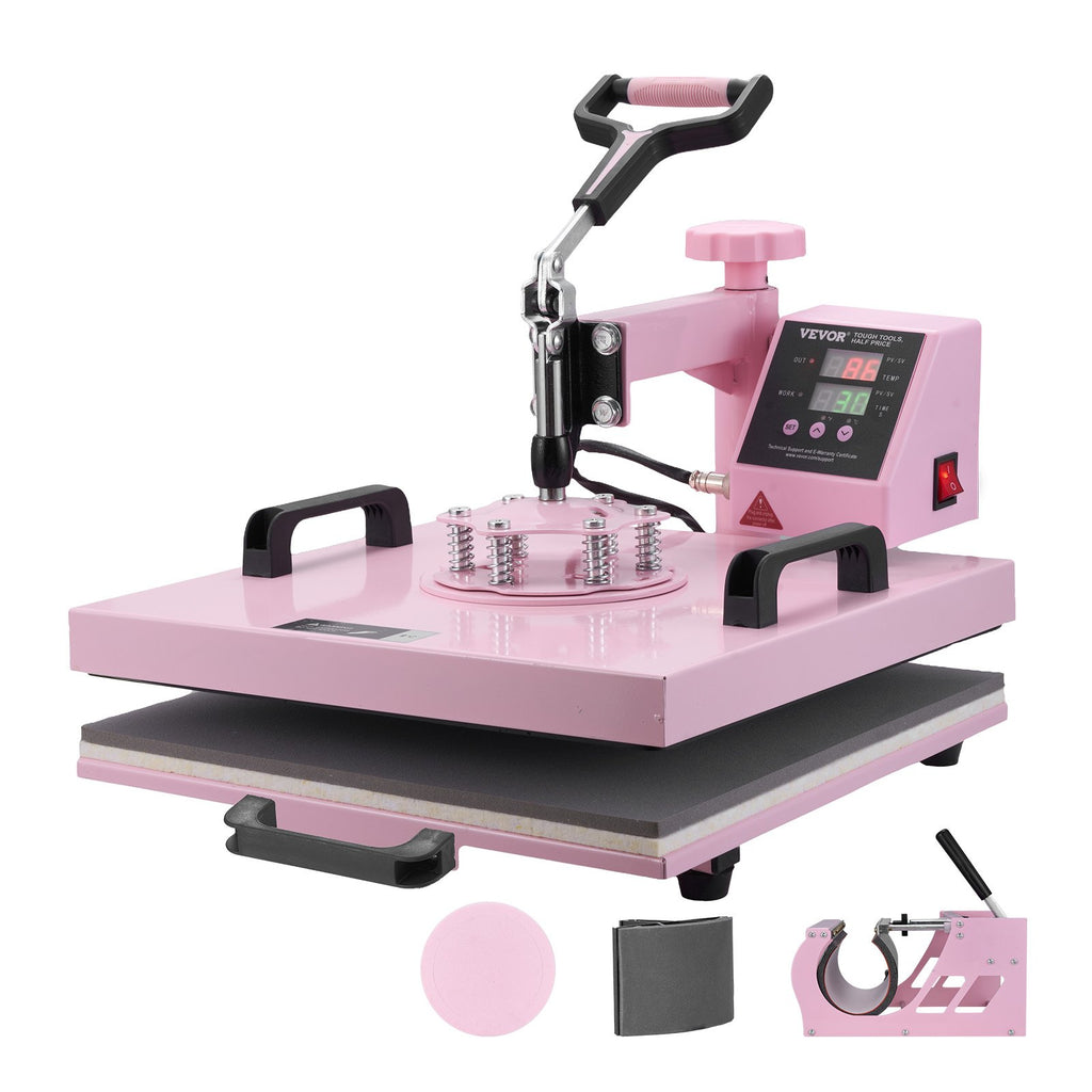Heat Press Machine, 15 x 15 inch, 5 in 1 Heat Transfer Machine with 30 oz Tumbler Press, 360° Swing Away T-Shirt Pressing, Digital Precise Control, for T-Shirts/Mugs/Hats/Plates, Pink