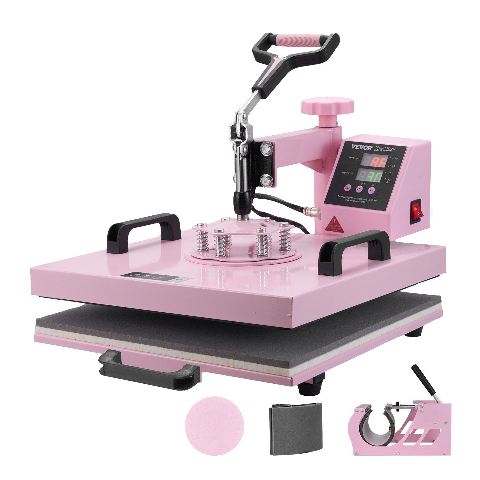 Heat Press Machine, 15 x 15 inch, 5 in 1 Heat Transfer Machine with 30 oz Tumbler Press, 360° Swing Away T-Shirt Pressing, Digital Precise Control, for T-Shirts/Mugs/Hats/Plates, Pink