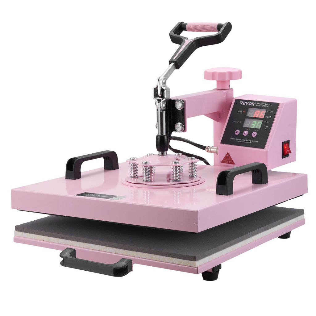 Heat Press Machine, 15 x 15 inch, 5 in 1 Heat Transfer Machine with 30 oz Tumbler Press, 360° Swing Away T-Shirt Pressing, Digital Precise Control, for T-Shirts/Mugs/Hats/Plates, Pink